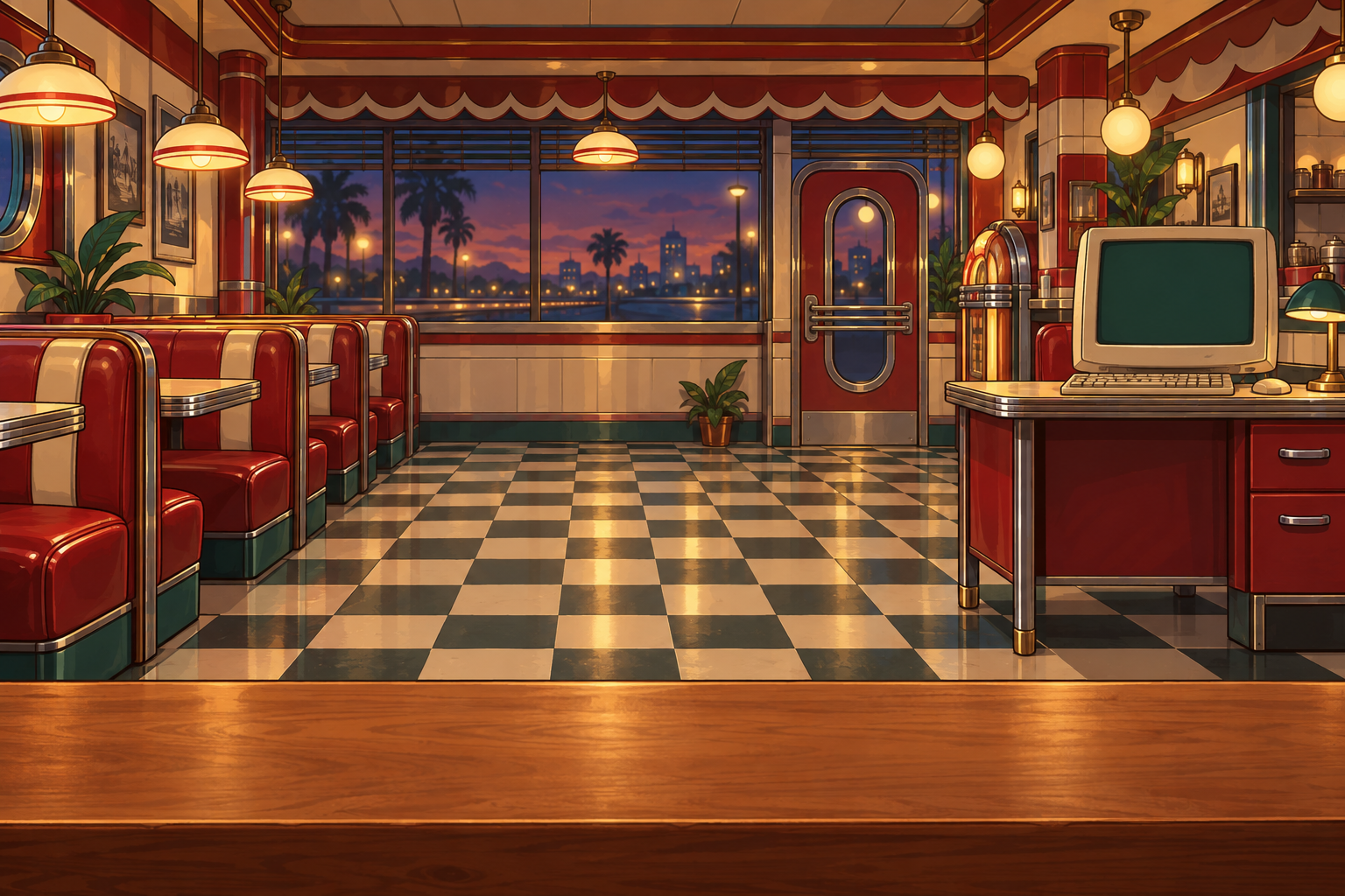 An illustrated red-and-cream diner with a trading computer beside the booths